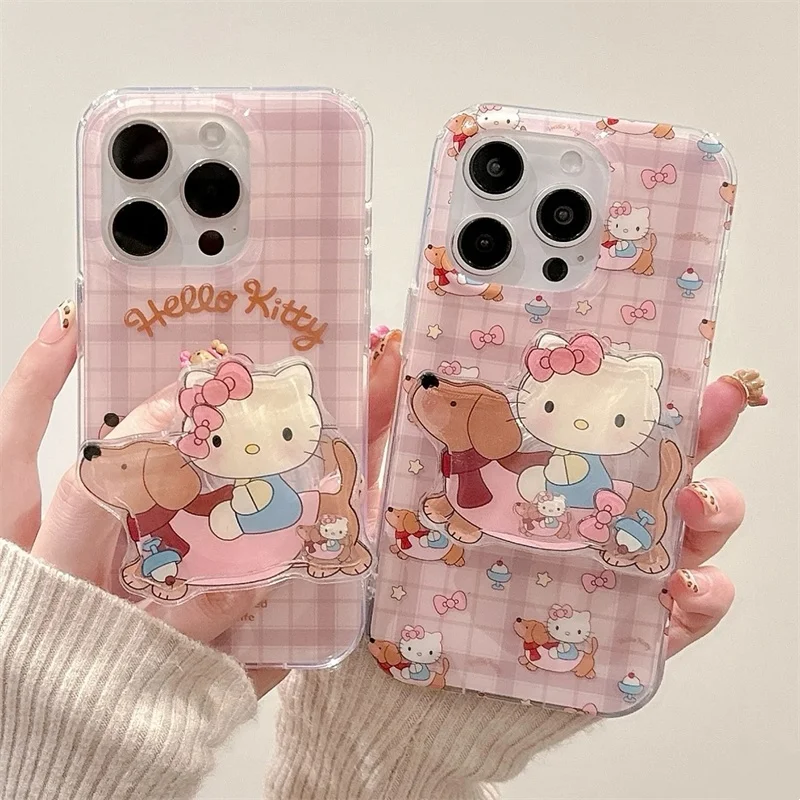 Cute Lattice Dachshund Hello Kitty Bow Shake Kitty Holder Phone Case For iPhone 13 14 15 16 Pro Max Hot Funny KT Shake Bracket