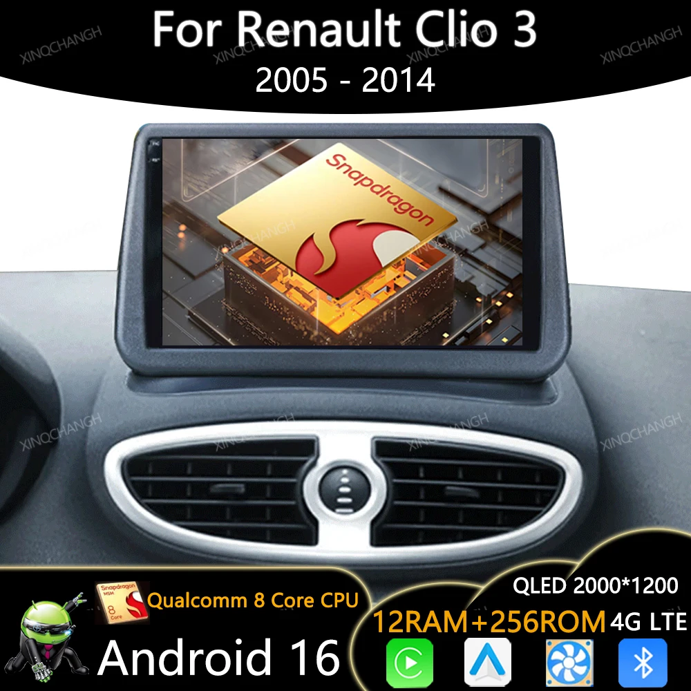 Android 16 Car Radio For Renault Clio 3 2005 - 2014 BT QLED 4G LTE 5G WIFI Qualcomm Navigation Multimedia Video Player Head Unit