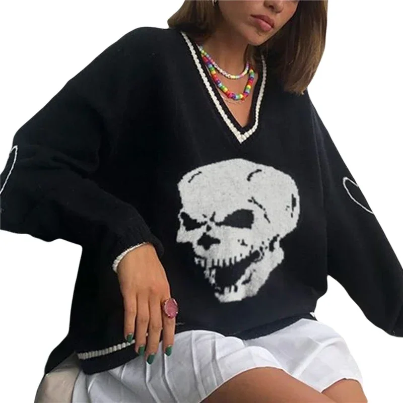 2022 New Women's Autumn and Winter Personality Skull Pattern Casual Loose V-neck Knitted Fashion Sweater Pullover