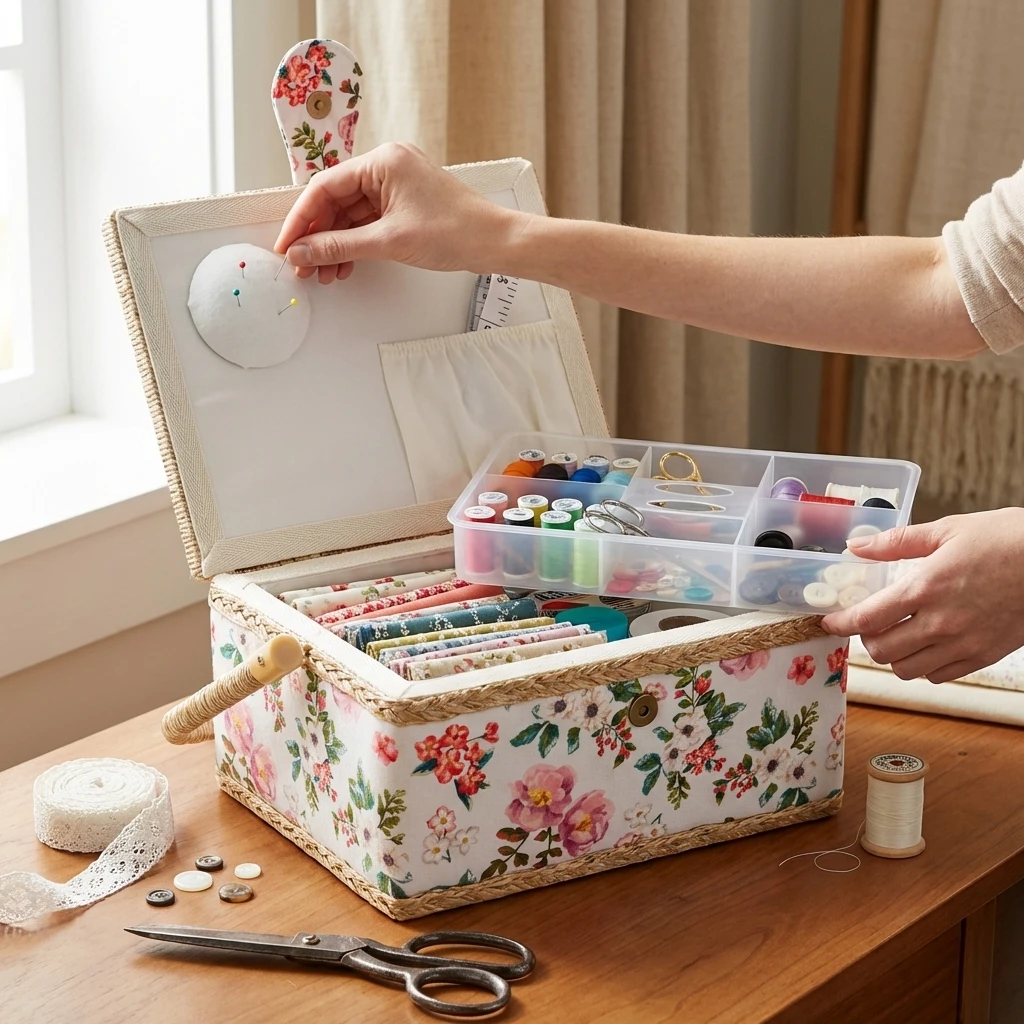 

Sewing Basket Organizer with Removable Tray Interior Pocket Portable Sewing Storage Box Stylish Sewing Kit Organizer