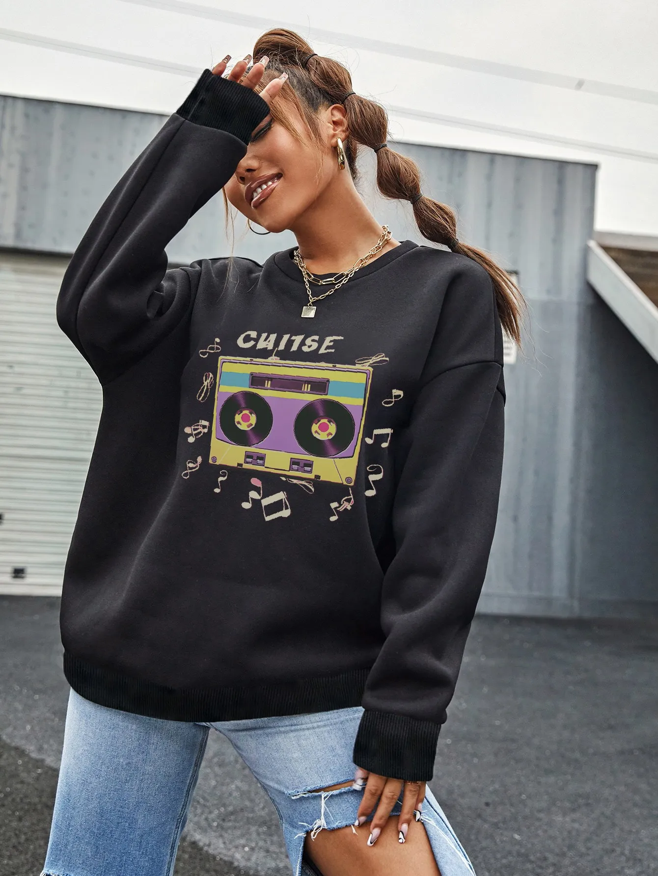 

Women Y2K Phonograph Printed Pullovers Sweatshirt Ladies Long Sleeve Blouse Winter Autumn O-Neck Fashion Clothes Top Hoodies