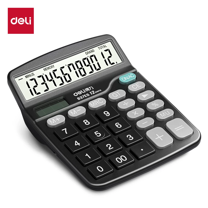 Deli 837ES 12-Digit Portable Calculator Dual Power Solar & AAA Battery for Office Commercial Desk Student Household Use