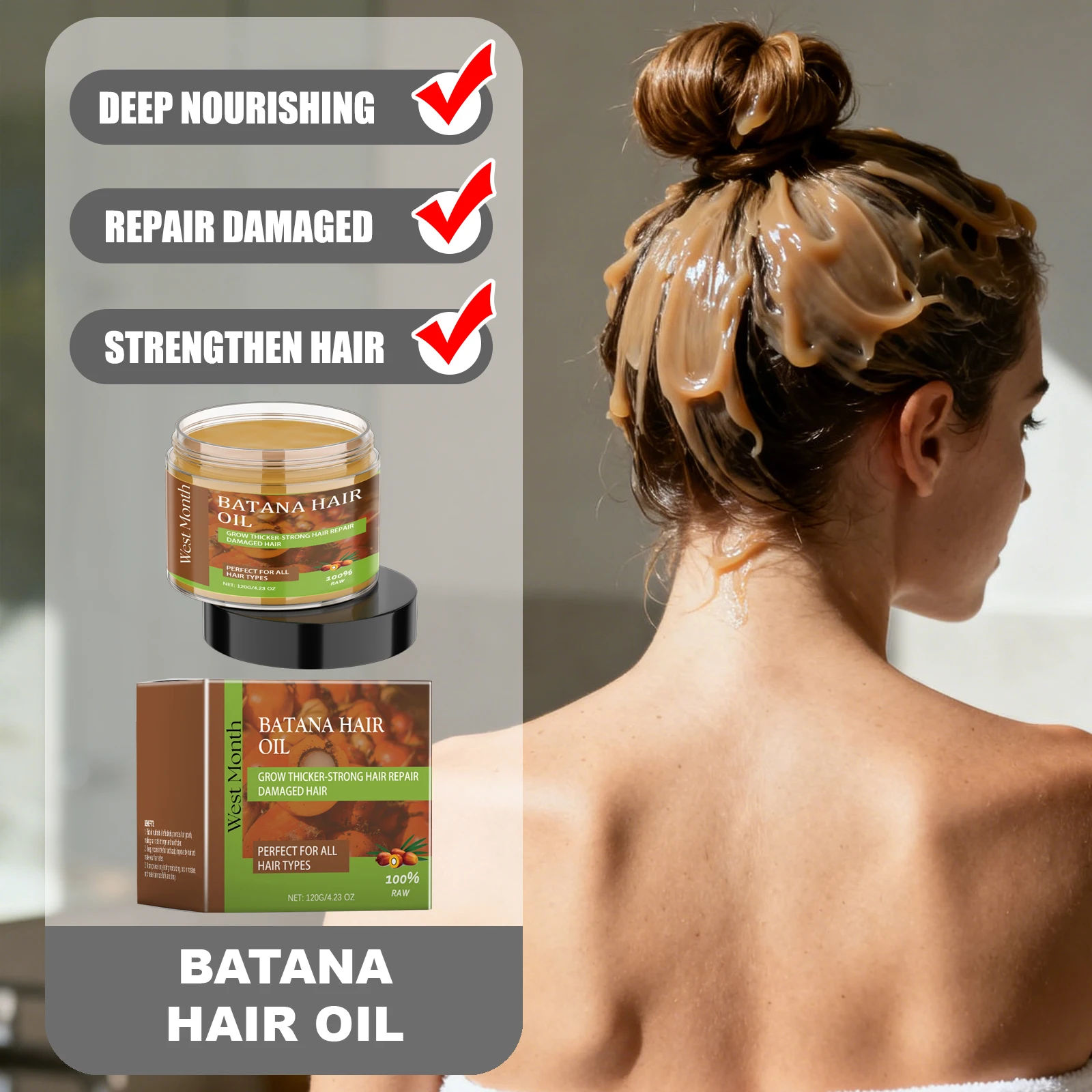 

WEST MONTH Батана Масло для волос Питательное восстановление поврежденных волос Уменьшение ломации волос Укрепление корней волос Восстановление естественного блеска