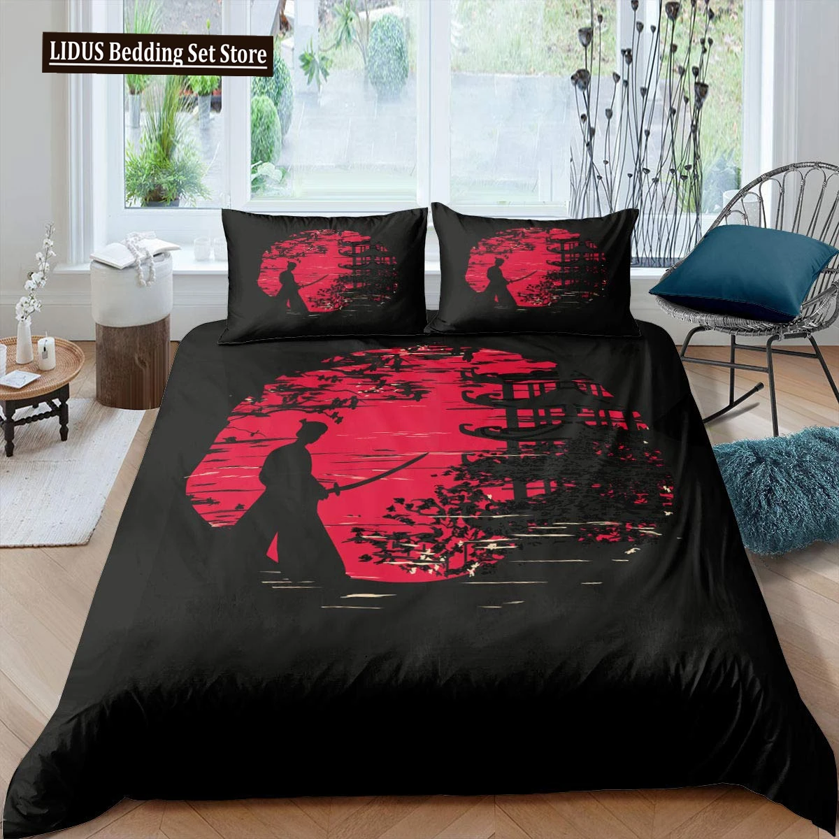 

Japanese Style Armor Samurai Duvet Cover Set,Ronin Moon Bedding Sets Queen Size, Japan Sunset Scenery Comforter Cover Set 2/3pcs