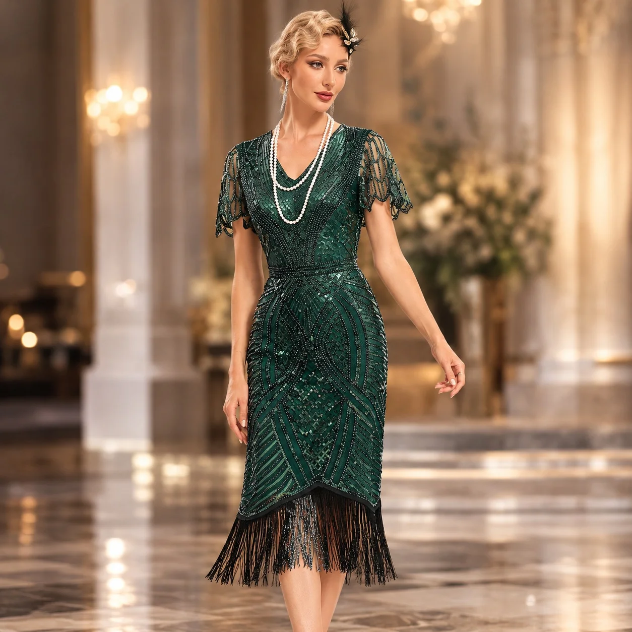 Sequined Sequins Dress Mid Waist Elegant with Beaded Batwing Sleeves Party Regular Length Short Sleeves Evening Dress for Women