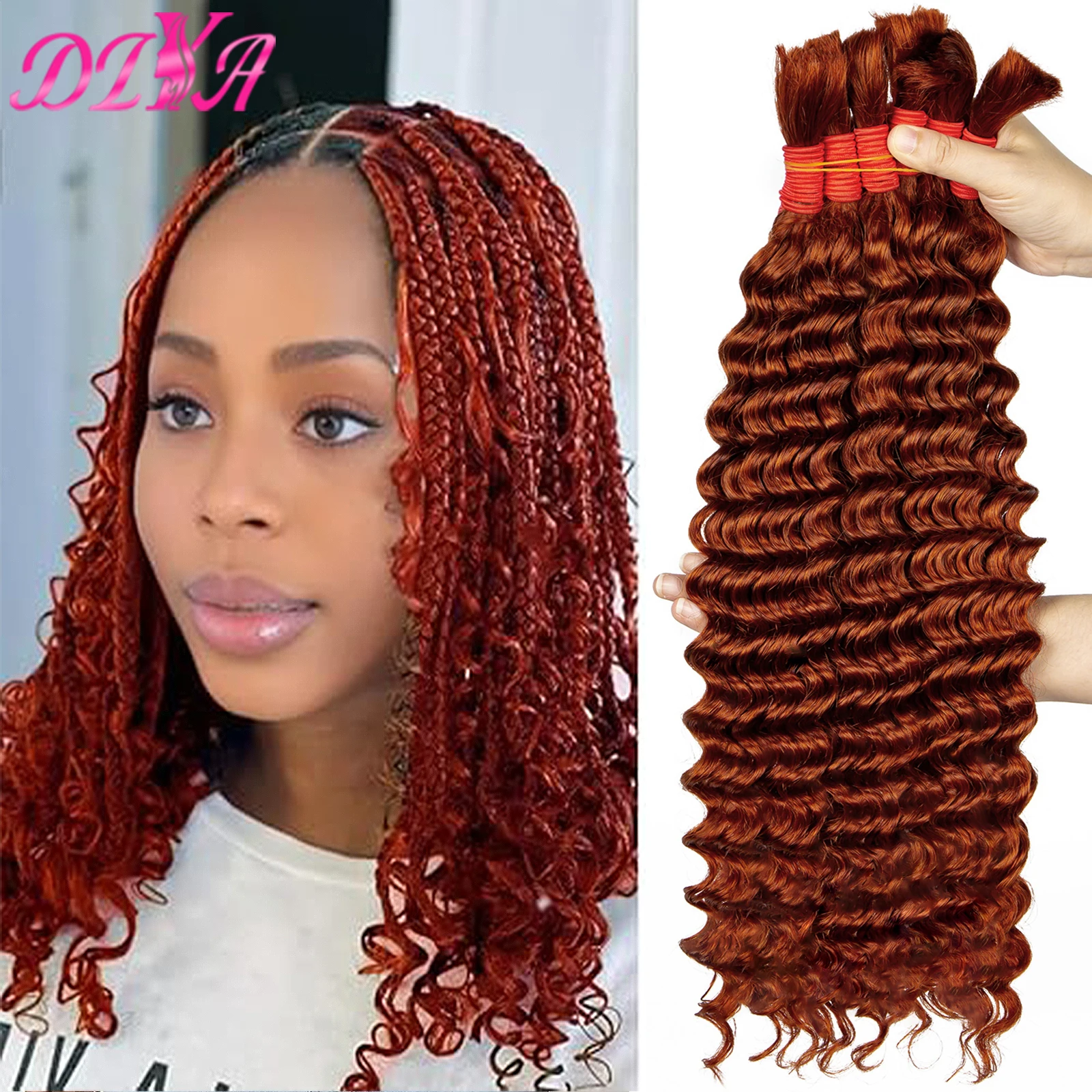 Extensão do cabelo humano virgem brasileiro, gengibre laranja, massa para trançar, onda profunda, sem pacotes de trama para tranças boho, 100%