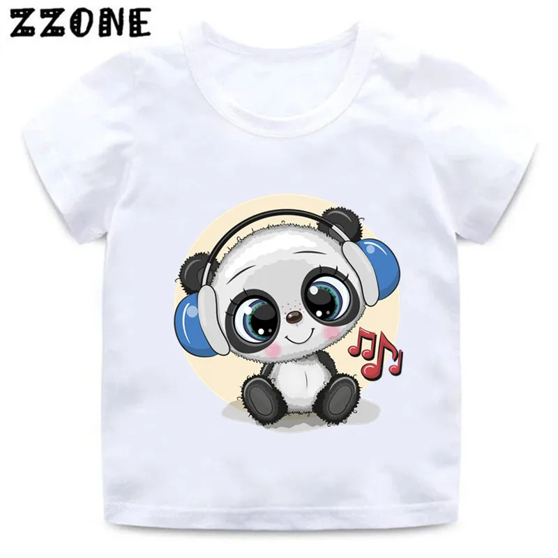 Kids Funny Animal T-Shirts Cute Panda Listen Music Cartoon Graphic Girls Clothes Summer Baby Boys T shirt Children Tops,ooo5446