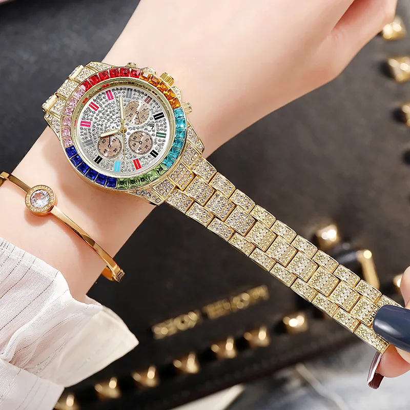 Women Watch Girl Simple Gold Dial Iced Out Quartz Clock Luxury Rhinestone Wrist Watch Big Size for Women Watches Reloj Mujer