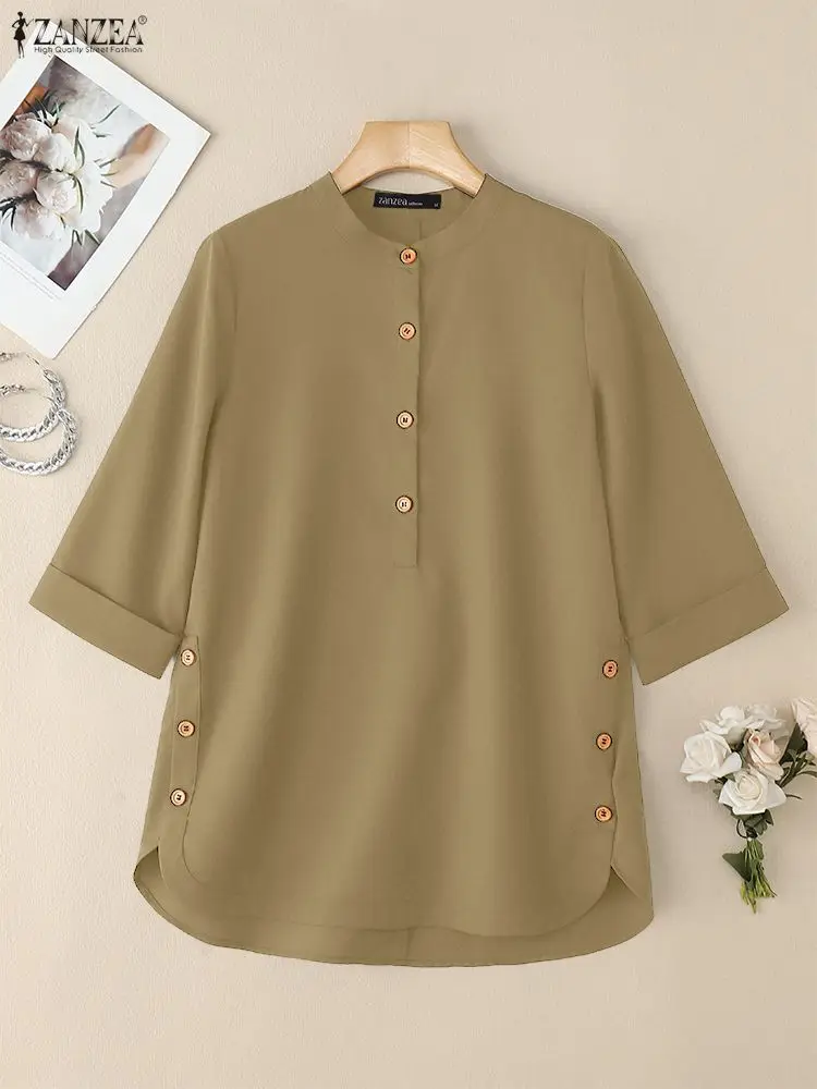 เสื้อเบลาส์ฤดูร้อน ZANZEA 2025 เสื้อทำงานผู้หญิงสไตล์หรูหรา เสื้อลำลองแขน 3/4 สีพื้น เสื้อผู้หญิงติดกระดุมสไตล์วินเทจ