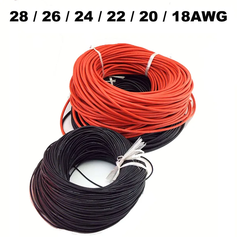 10M Black Red Color Heat-resistant Soft Electrical Silicone Wire Copper Cable Battery Connector 18 20 22 24 26 28 30 AWG w28