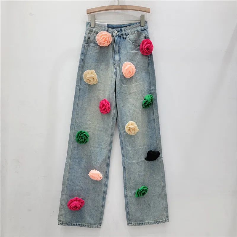 Chic Women 3D Flowers Straight Legs Jeans Spring Summer 3D Floral Denim Pants Floral Cowboy Trousers High Waisted Loose Capris
