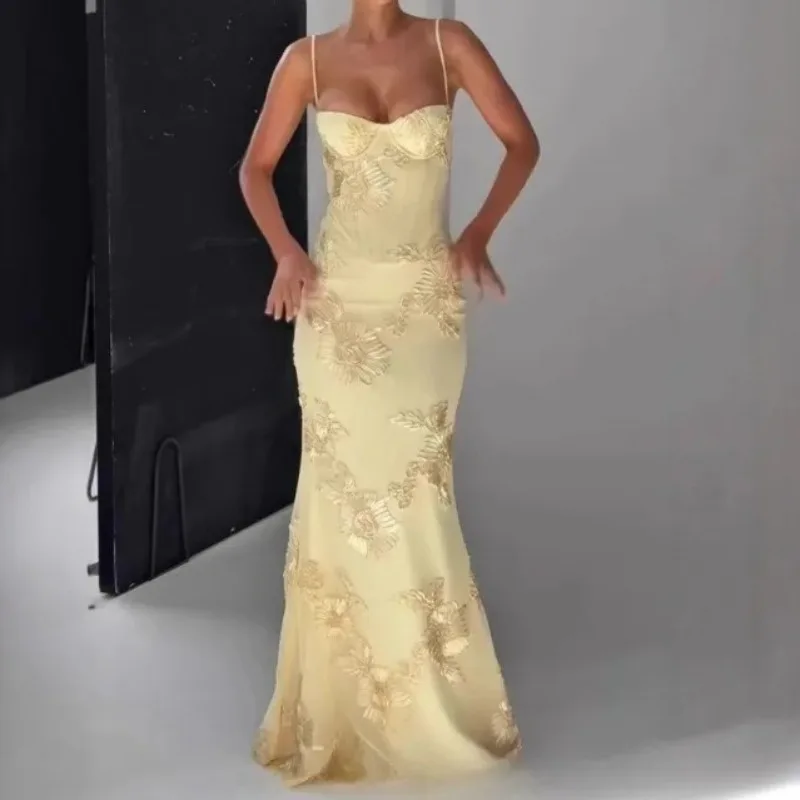 

3D Floral Embroidered Party Dress Women Sexy Backless Evening Dress with Bra Pad Elegant Club Gowns Women Long Dresses Robes