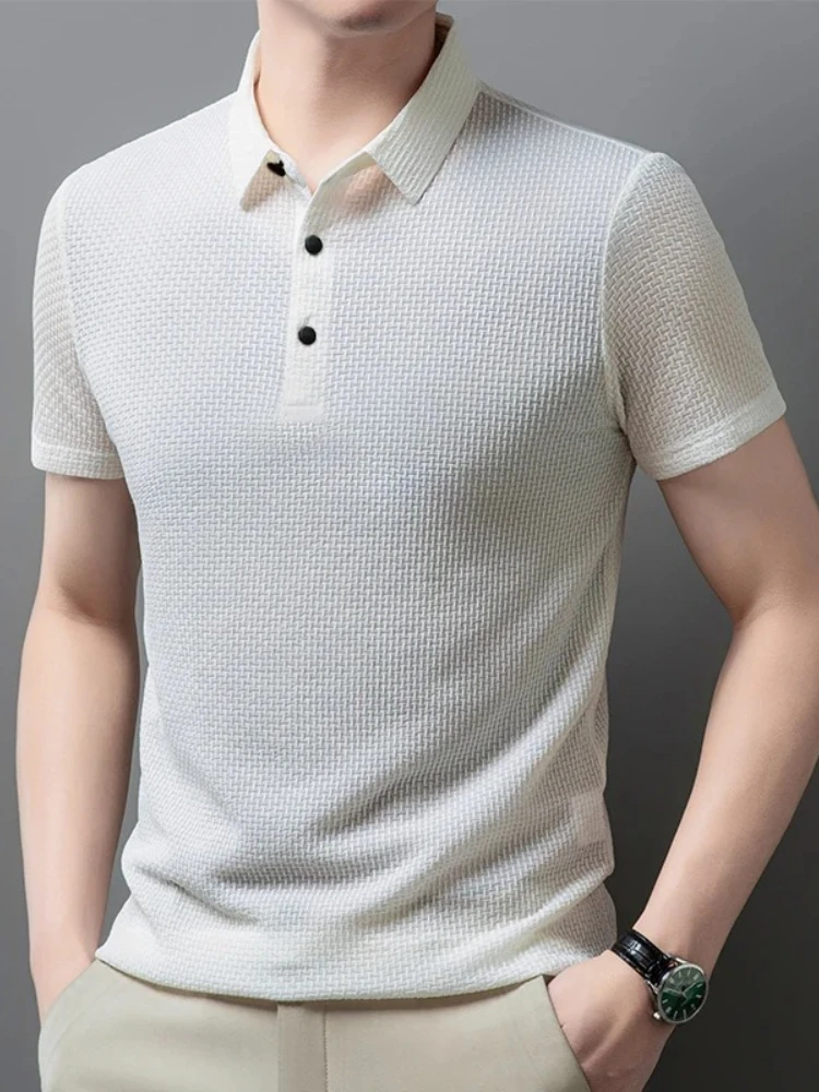 Men's Business Polos Casual Short Sleeved Bone Flower Solid Color POLO Shirt Fashion Breathable Comfortable Summer Versatile Top
