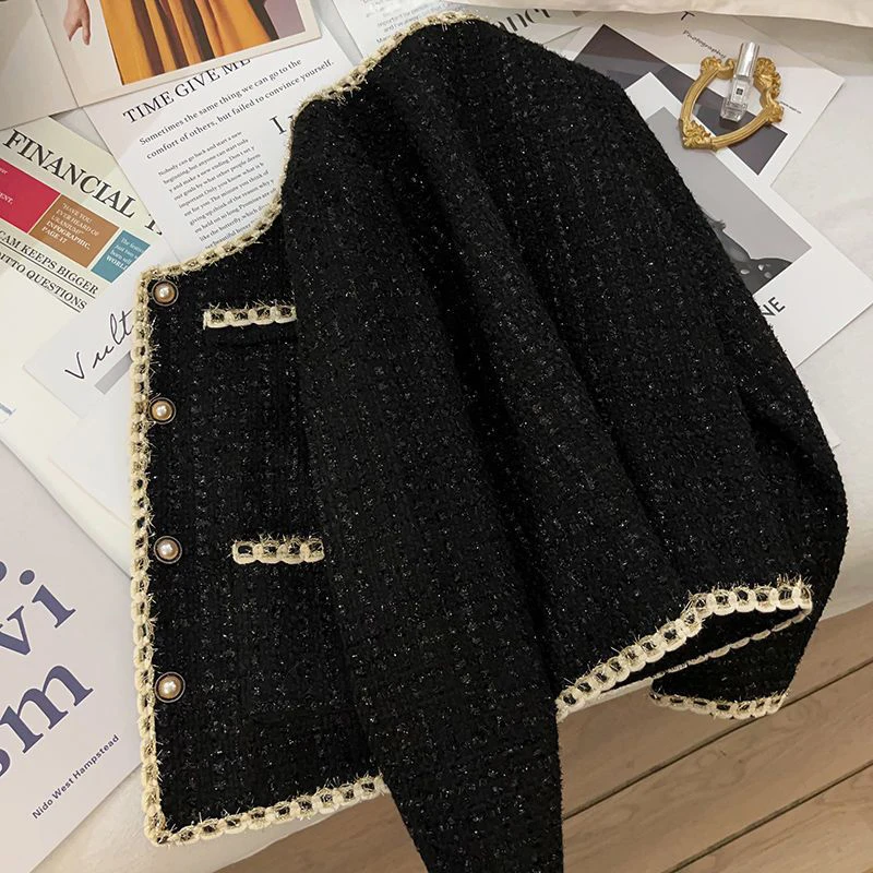 MEXZT Vintage Black Tweed Jacket Women Elegant Cropped Quilted Coat Korean Commute Blazer Winter Ladies Thicken Short Outerwear