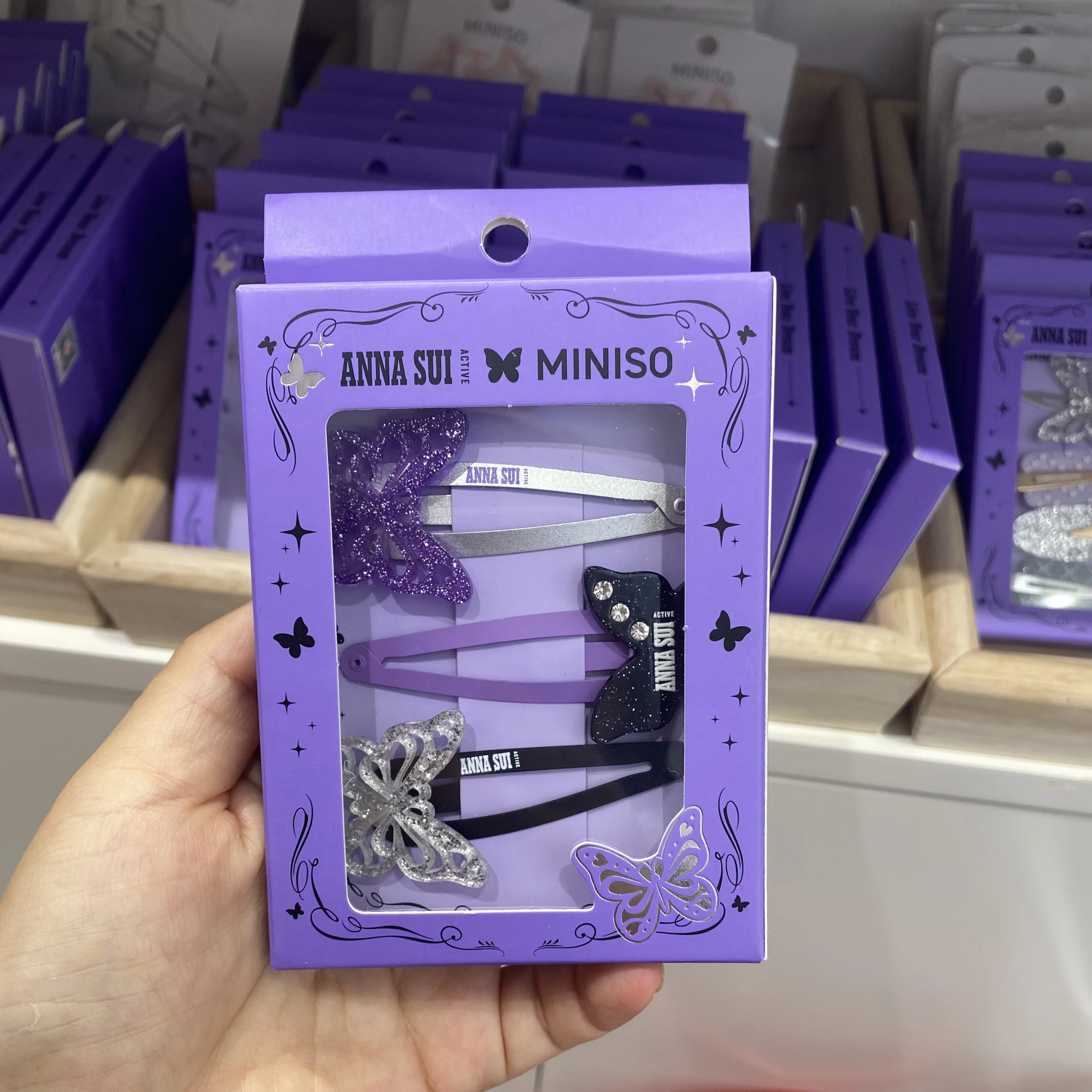 Miniso Anna Sui series purple seamless hollow butterfly clips set of 3 BB clips dreamy hairpins