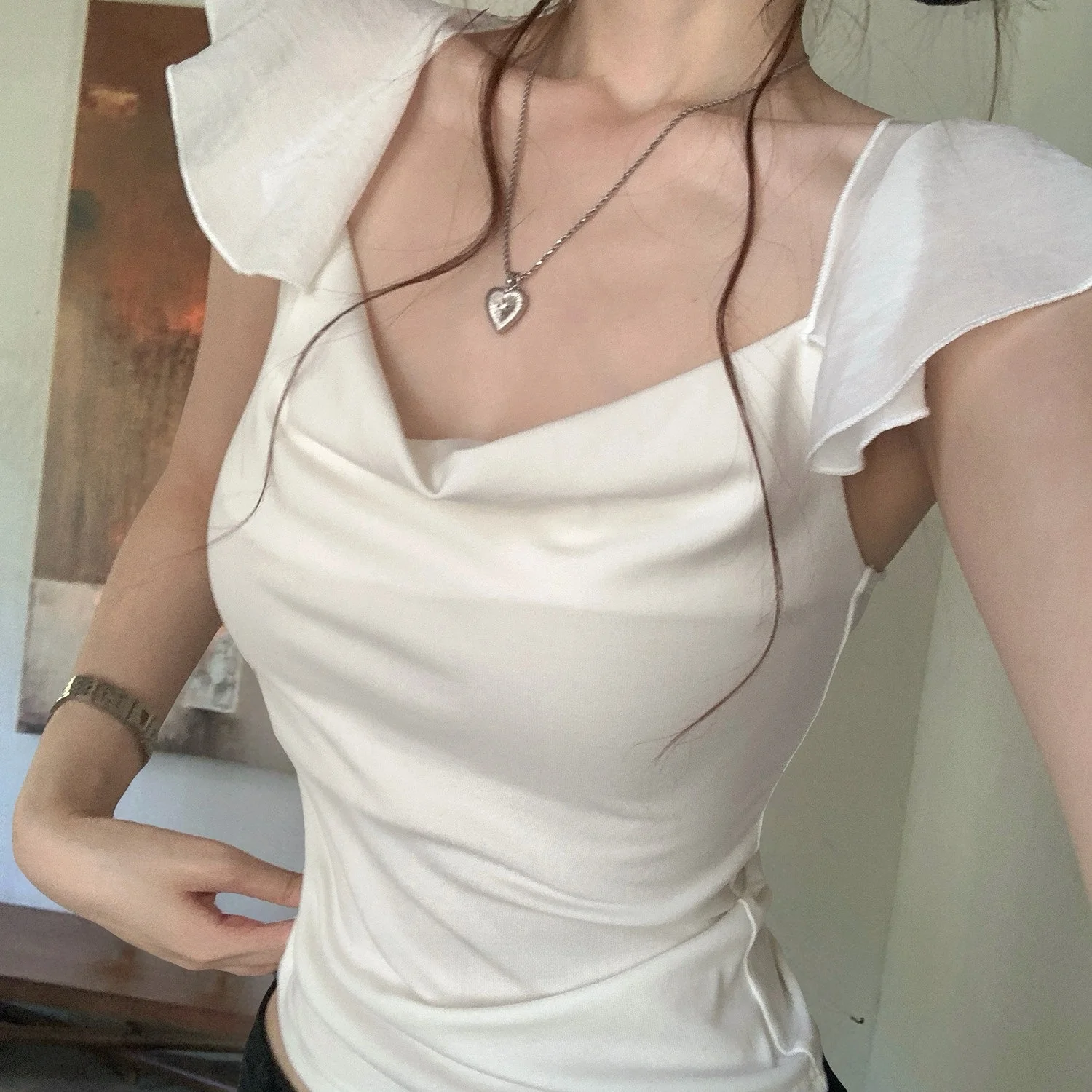 Early Autumn Square Collar Fly Sleeve Slim Shirt 2026 Pure Desire Wrist Expose Ribbing Waist Shirt Top Girl Style Cotton Poly...