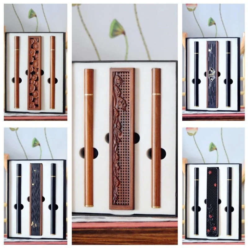 Wooden Incense Tube Incense Box Gift Box Three-piece Set/Carved Lotus Leaf Wave Swastika Checkerboard Pattern Religious Supplies