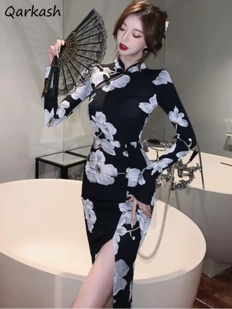 

Print Dress Women Bodycon Midi Elegant Chinese Style Side Slit Fashion Streetwear Vintage Aesthetic Female Daily Party Spring