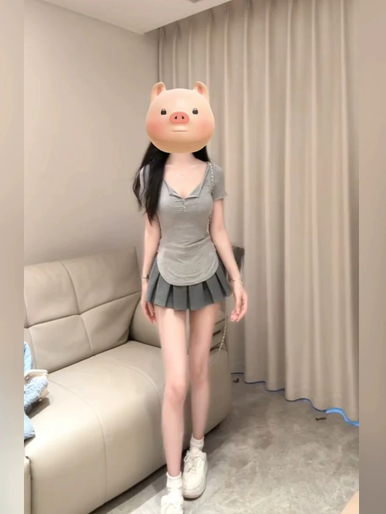 

Комплект XZY: Плиссированная юбка и топ с открытым воротником для женщин, больших размеров, в стиле Pure Desire Spicy Girl, приталенный крой, короткий рукав, летний, для похудения