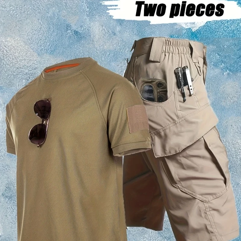 

Men's Spring and Summer Tactical Set with Quick Drying Elastic Top and Multi Pocket Pants Suitable for Sports Hiking and Leisure