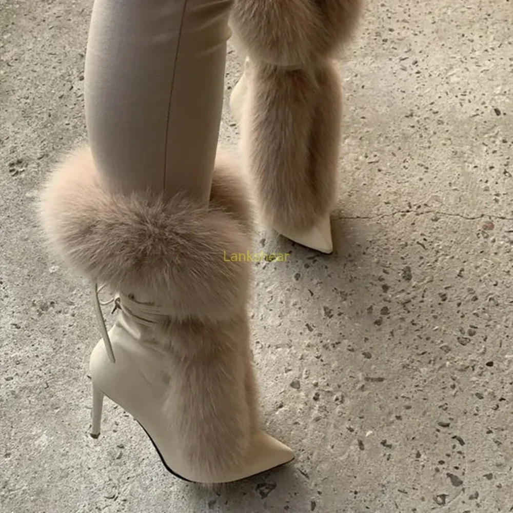 

Fur Thin Heel Cross Tied Ankle Boots Sexy Pointed Toe Geunine Leather New Arrivals Fashion Women Runway Boots