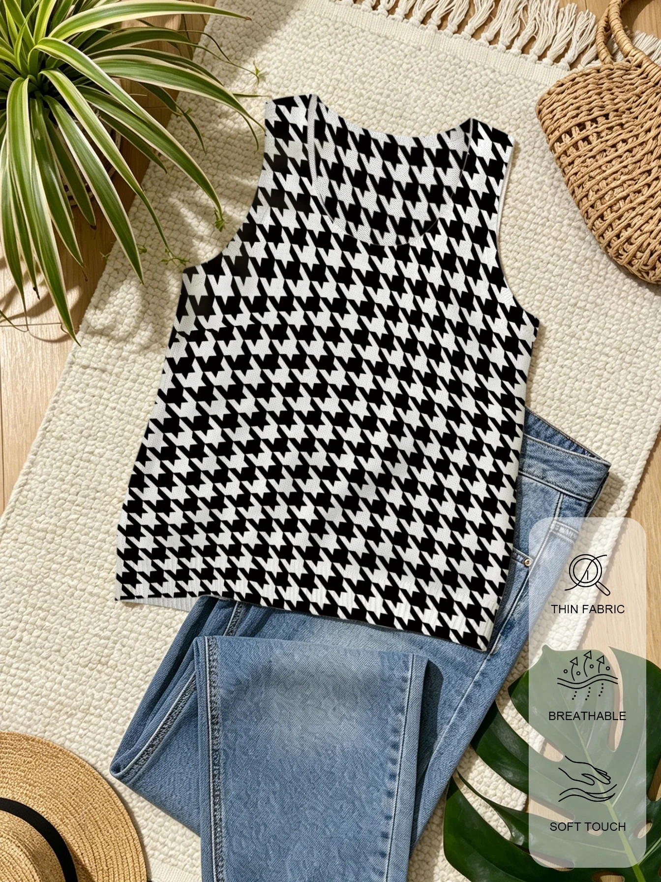 

Vintage Houndstooth Print Knit Vest for Women, Round Neck, Sleeveless, Summer Outdoor Casual, Minimalist French Elegance Commuter Top, Trendy Versatile Street Style Item, Non-Patterned Print