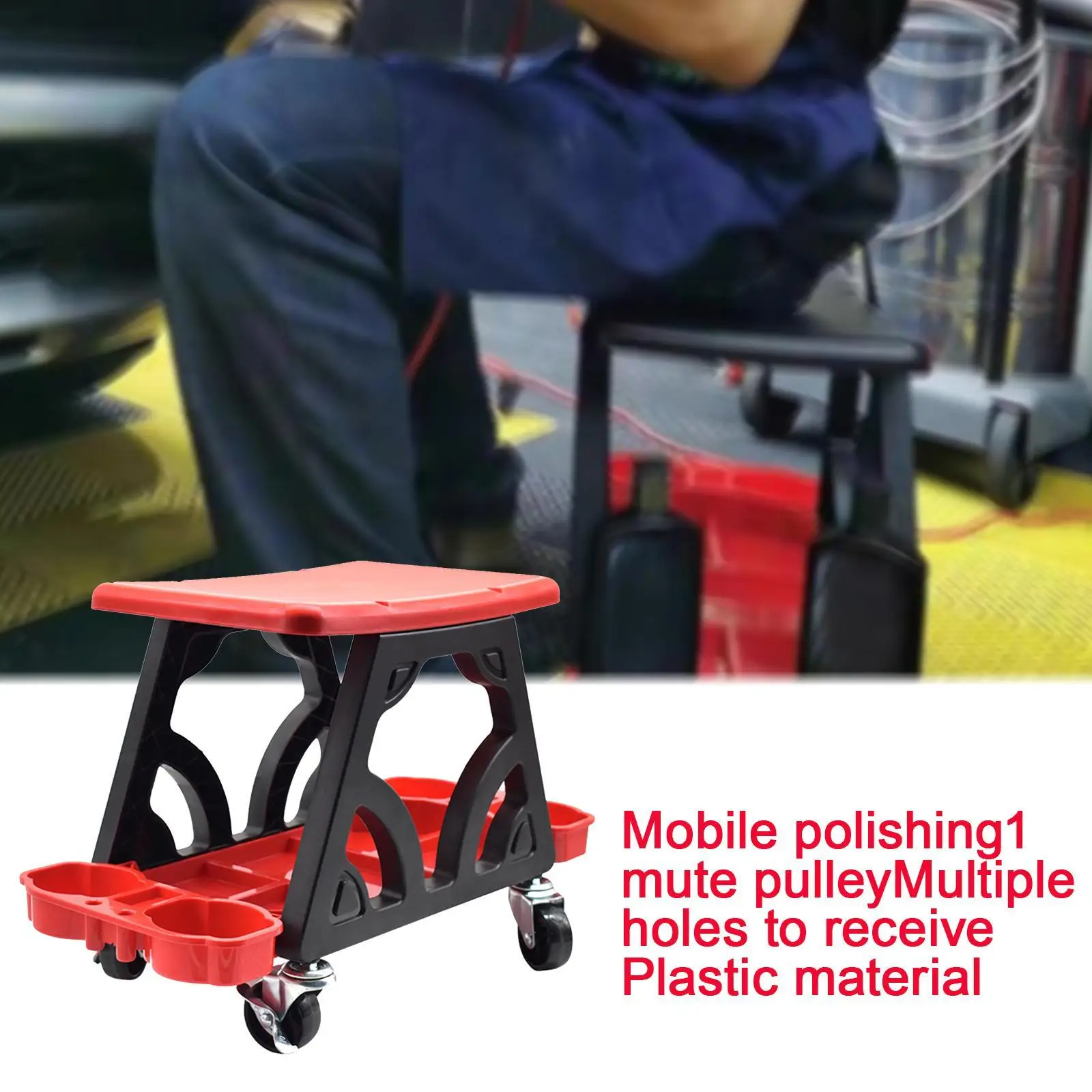 Car Detailing Stool Chair Mechanic Stool with Storage Holder for Car Repair Red