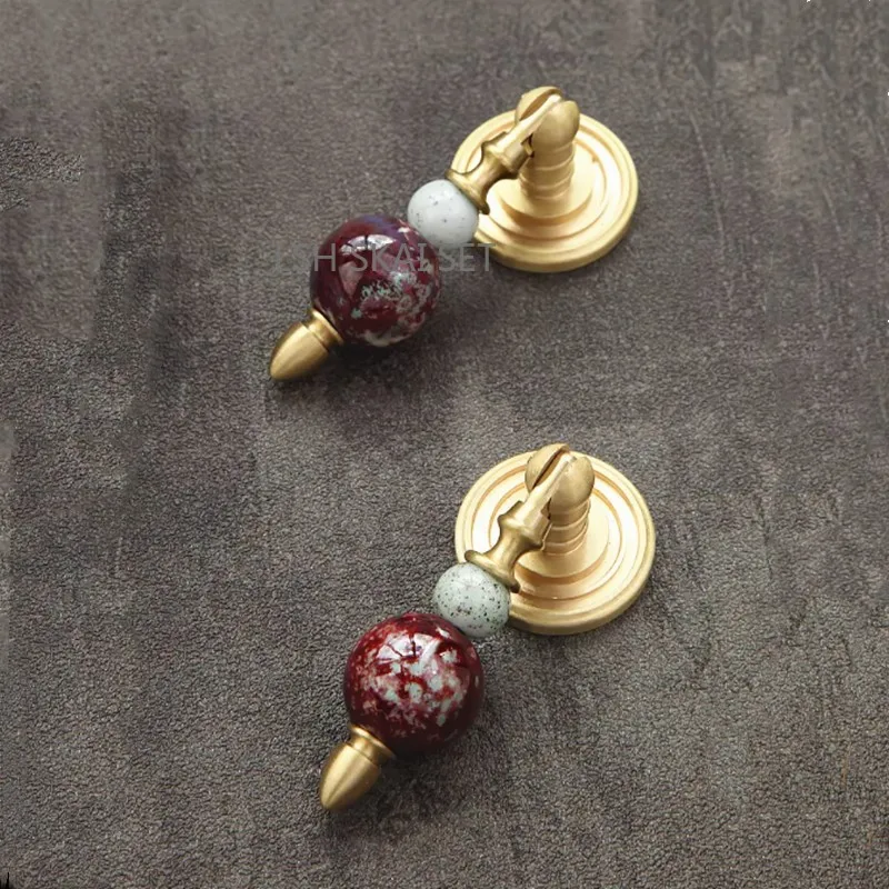 2PCS Vintage Brass Furniture Handle with Ceramic Bead Rustic Drawer Pull Decorative Cabinet Knob Kitchen Bathroom Hardware