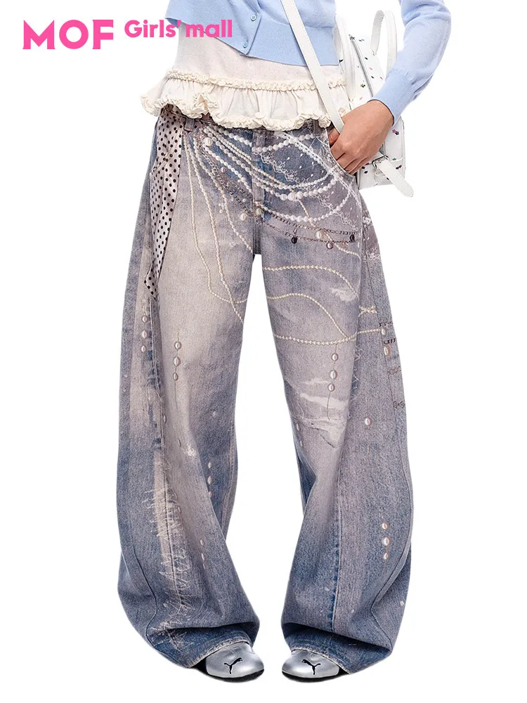 

Винтажные джинсы-брюки Waed с принтом жемчужной цепочки, светло-голубые, свободного кроя, из хлопкового денима, для девочек, на осень