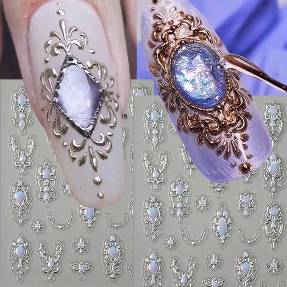 Luxurious 5D Nail Art Stickers Retro Shiny Finish Imitation Gemstone Nail Decals Palace Style Crown Necklace Nail Decals