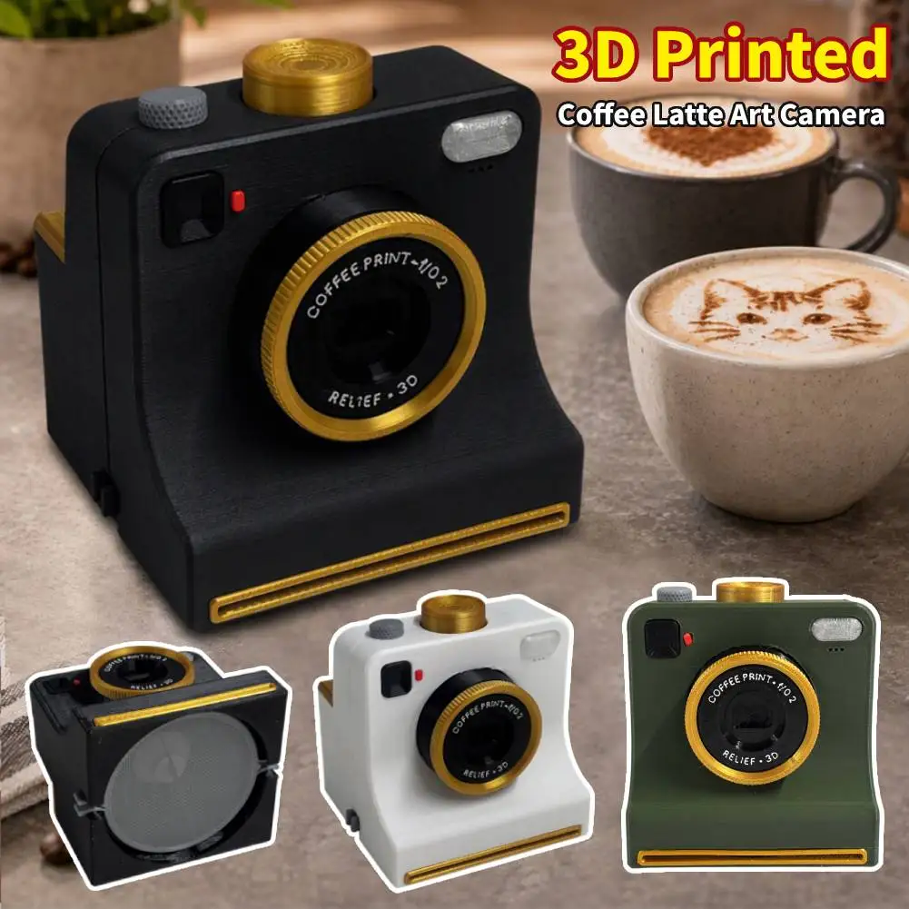 3D Printed Latte Art Camera One‑Touch Coffee Printer with 8 Stencil Card Miniature Instant Camera Coffee Stencils Latte Art Tool