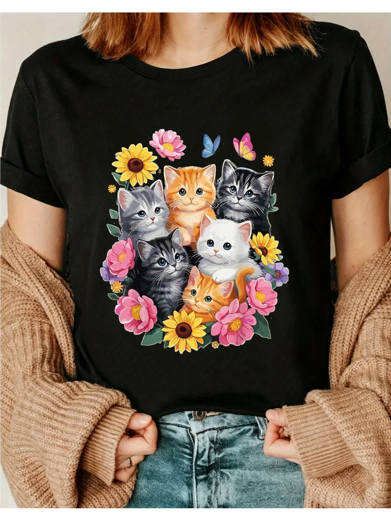 Cute Kitten Print T-Shirt, Women's Summer Floral Cat Pattern Short-Sleeve Top, Casual Holiday Party Fashion, Round Neck, Slightly Stretchy Regular Fit, Perfect for Adults 2026 Summer I01 Round Neck Short-Sleeve Top, Suitable for All Seasons