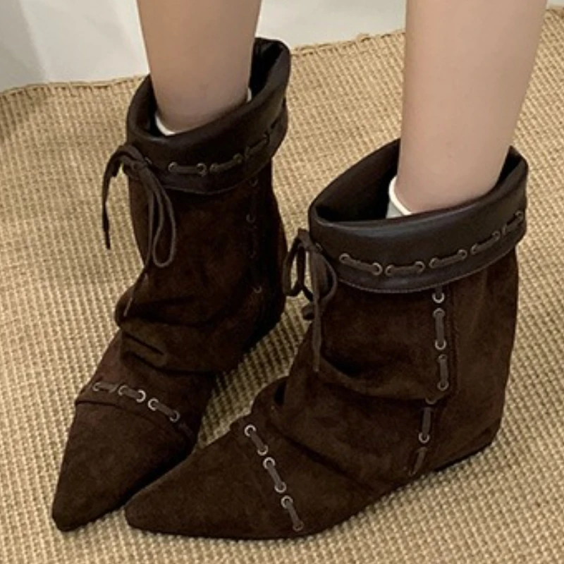 

NEW Punk Vintage Insoles Height Wedges Heels Pointed Toe Women Ankle Boots Autumn Winter Designer Lace-up Dress Ladies Shoes