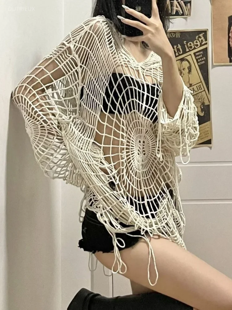 Y2K Hollow Out Knit Smock Top Vintage Loose T-shirt Women Gothic Crochet Pullovers Casual Fairycore Y2k Aesthetic Tshirts Grunge