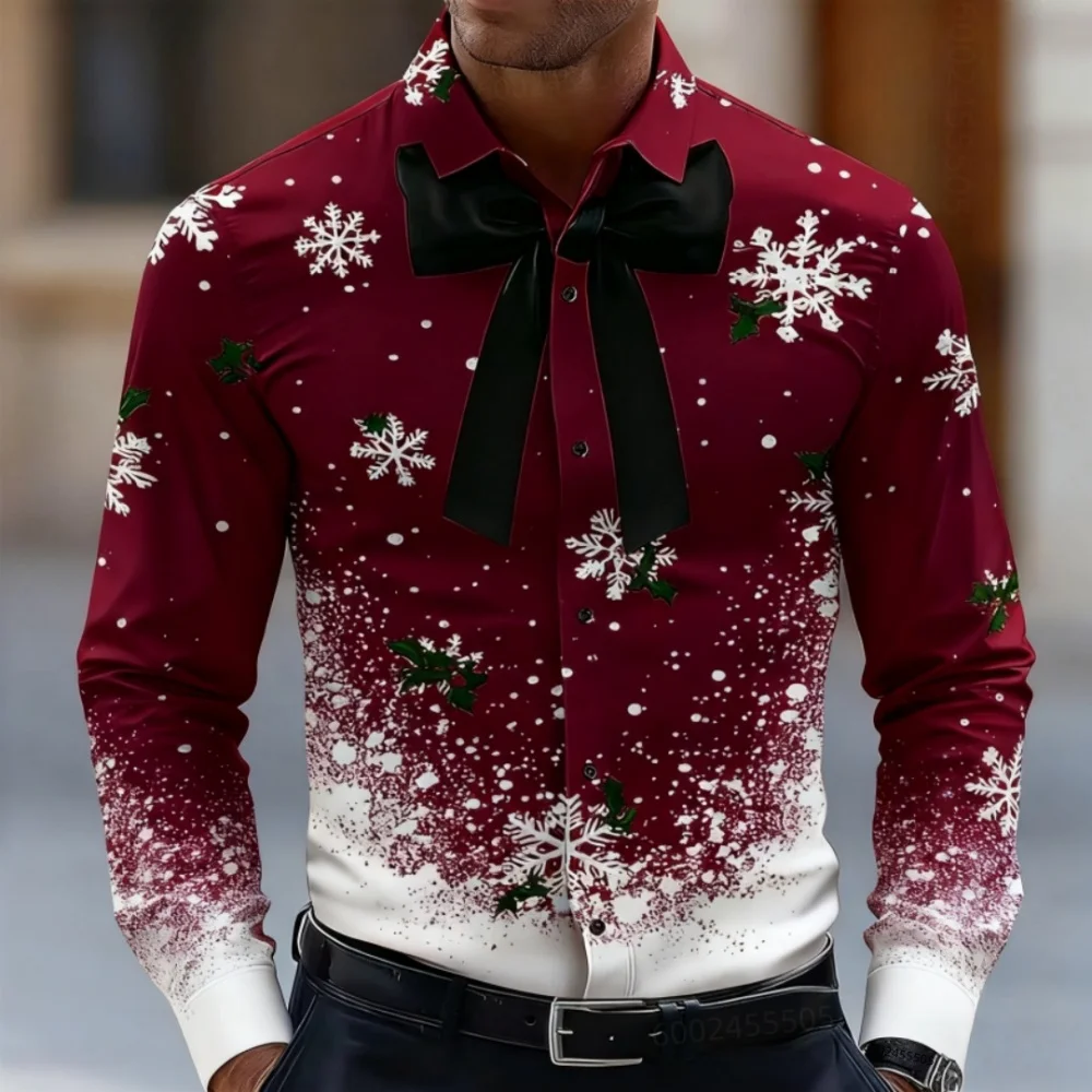

Christmas Shirts for Man Snowflake Bow Tie Christmas Shirt Long Sleeve Fashion Casual Shirt Gift Winter Oversized Mens Clothing