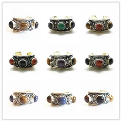 Tibetan Rings Metal Copper Inlaid Natural Stone Beads Open Rings Tiger Eye Lapis Agates R027