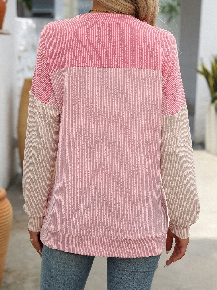 Round Neck Twisted Stripe Color Blocked Long Sleeved Loose T-Shirt for Women 2025 Autumn Winter New Fashion Casual Pullover Tops image 3