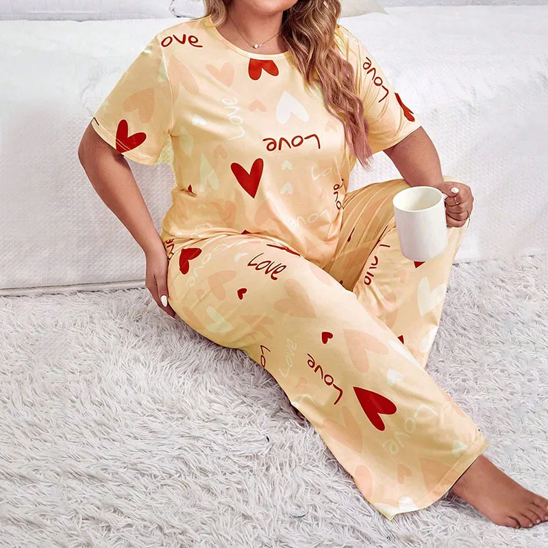 Oversized Faux Cotton Sleepwear O-neck T-shirt Pajamas For Women Short Sleeves Trousers Suit Large Size 5XL Loungewear Autumn