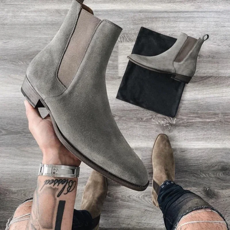 New Gray Chelsea Boots Flock Slip-On Round Toe Business Men Short Boots  Size 38-46 Botas Cuturno Masculinas