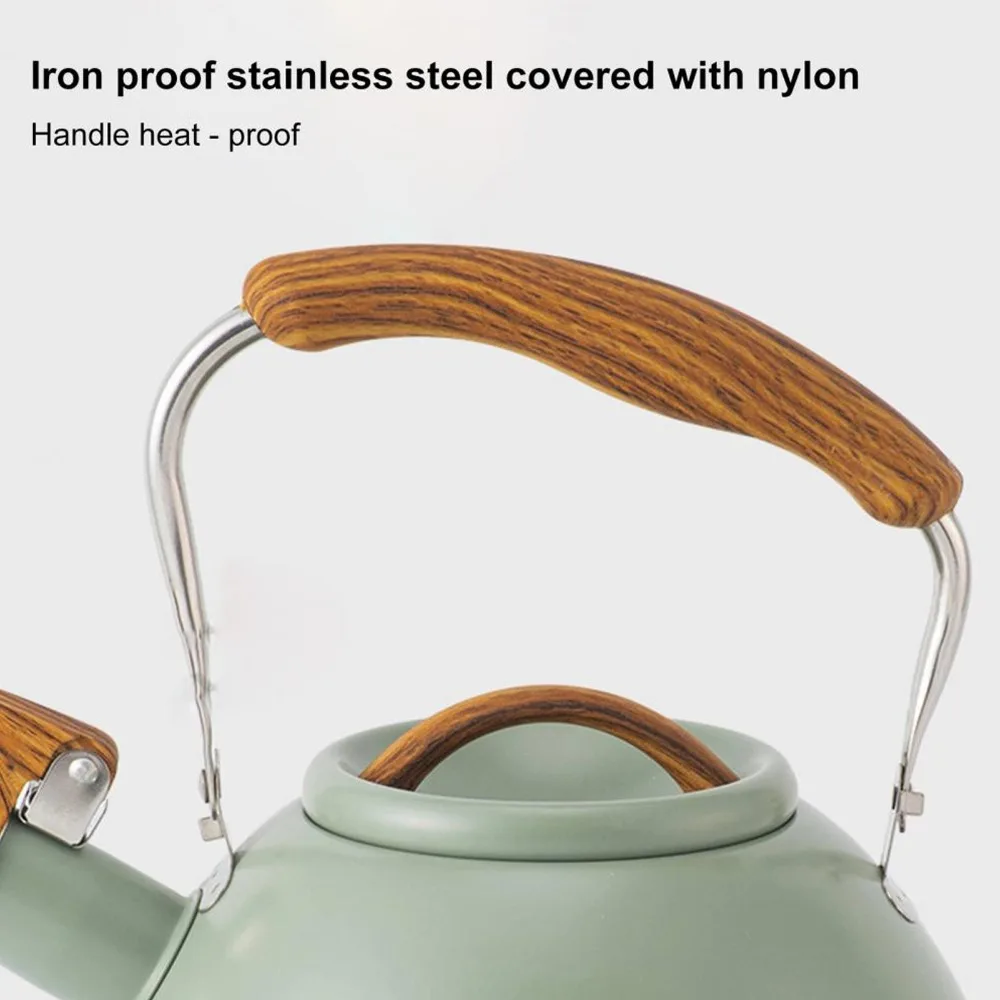 Light Green Whistling Teapot Stainless Steel 3L Capacity Whistling Tea Kettle Wood Pattern Handle Flat Bottom Teapot Home Use