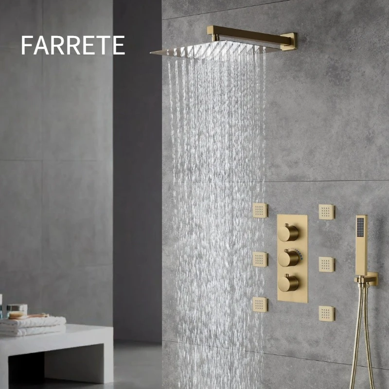 

FARRETE brushed gold brass concealed shower head wall-mounted thermostatic shower system built-in four-function shower head set
