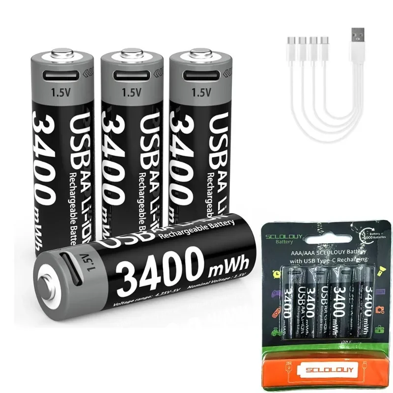 1.5V 3400mWh Lithium Battery with USB-C Charging Cable, Replacement Power Cell for Smart Lock and Microphone Use