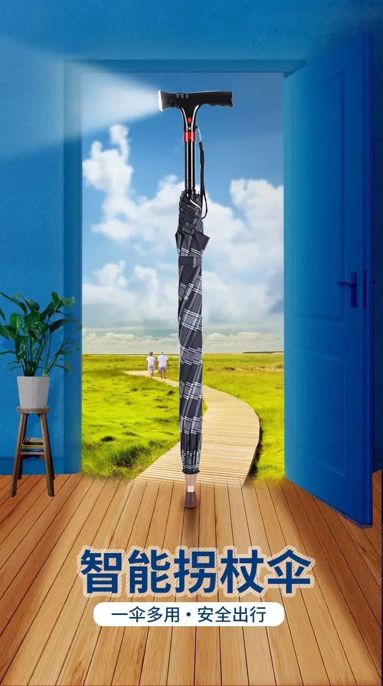 `Multifunctional Dual‑Use Walking Stick Umbrella with Night Light Anti‑Slip Sunshade for Camping Hiking Travel Mobility Support`