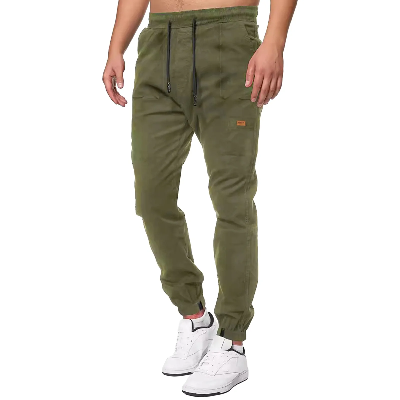 Men Cargo Pants Loose Elastic Waist Wide Leg Work Trousers Solid Color Multi Pockets Straight Deep Crotch Long Pants