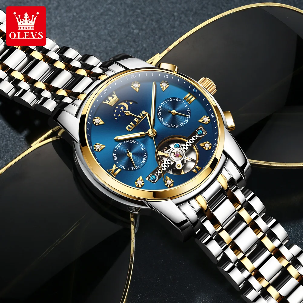 OELVS 6678 Men's Watches Luxury Original Automatic Mechanical Tourbillon Watch for Man Waterproof Luminous Date Week Moon Phase image 3