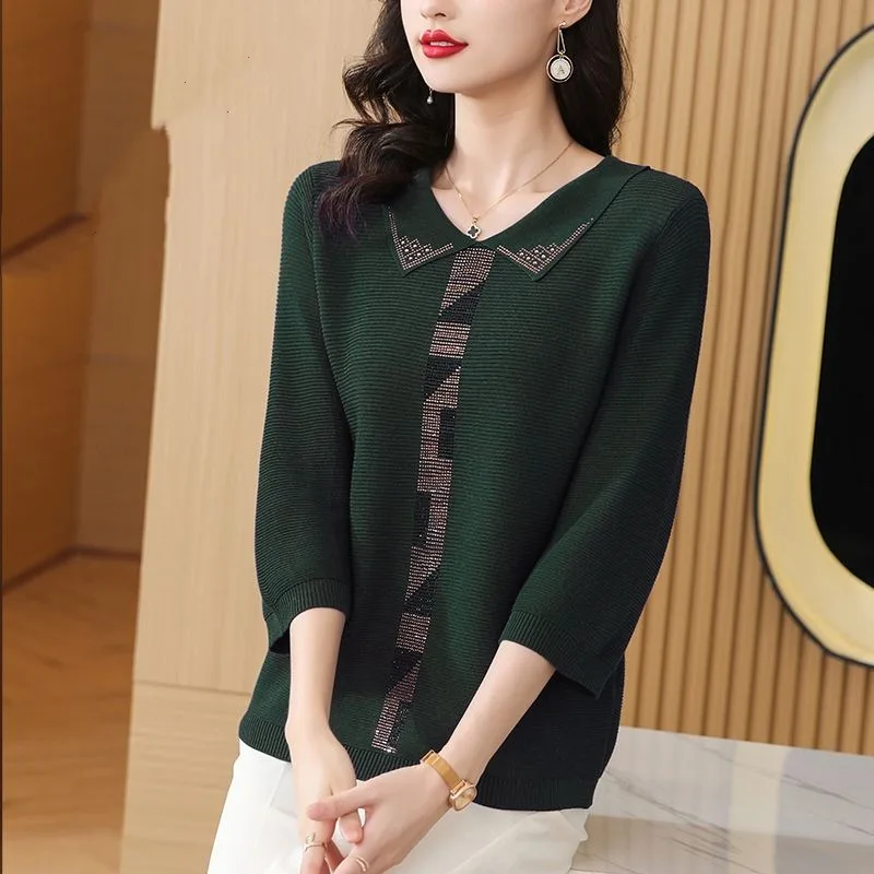 2023 Spring Summer Women\'s Pullover Solid Color Knitted 3/4 Sleeves Loose Peter Pan Collar Diamonds Plus Size Loose Sweater Tops