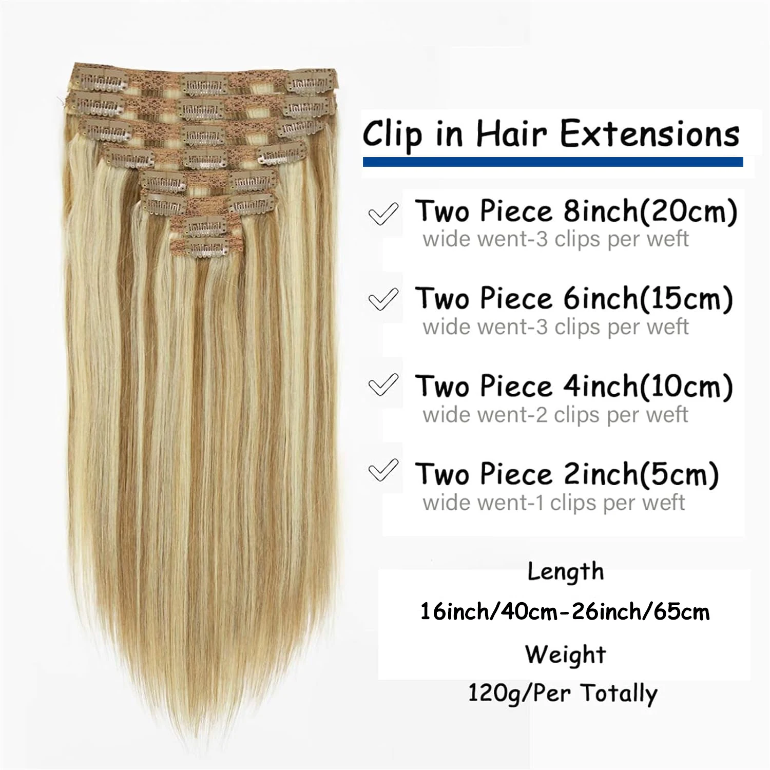 Extensiones de cabello con Clip recto P8/613, 120 g/juego, Clips de cabello humano brasileño en cabeza completa, 100% cabello Remy # 613 Rubio