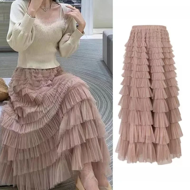 Princess Style Long Multi-Layer Cake Skirt Wooden  Ear Mid-Length Autumn Winter Women's Casual High Waist Polyester Skirt