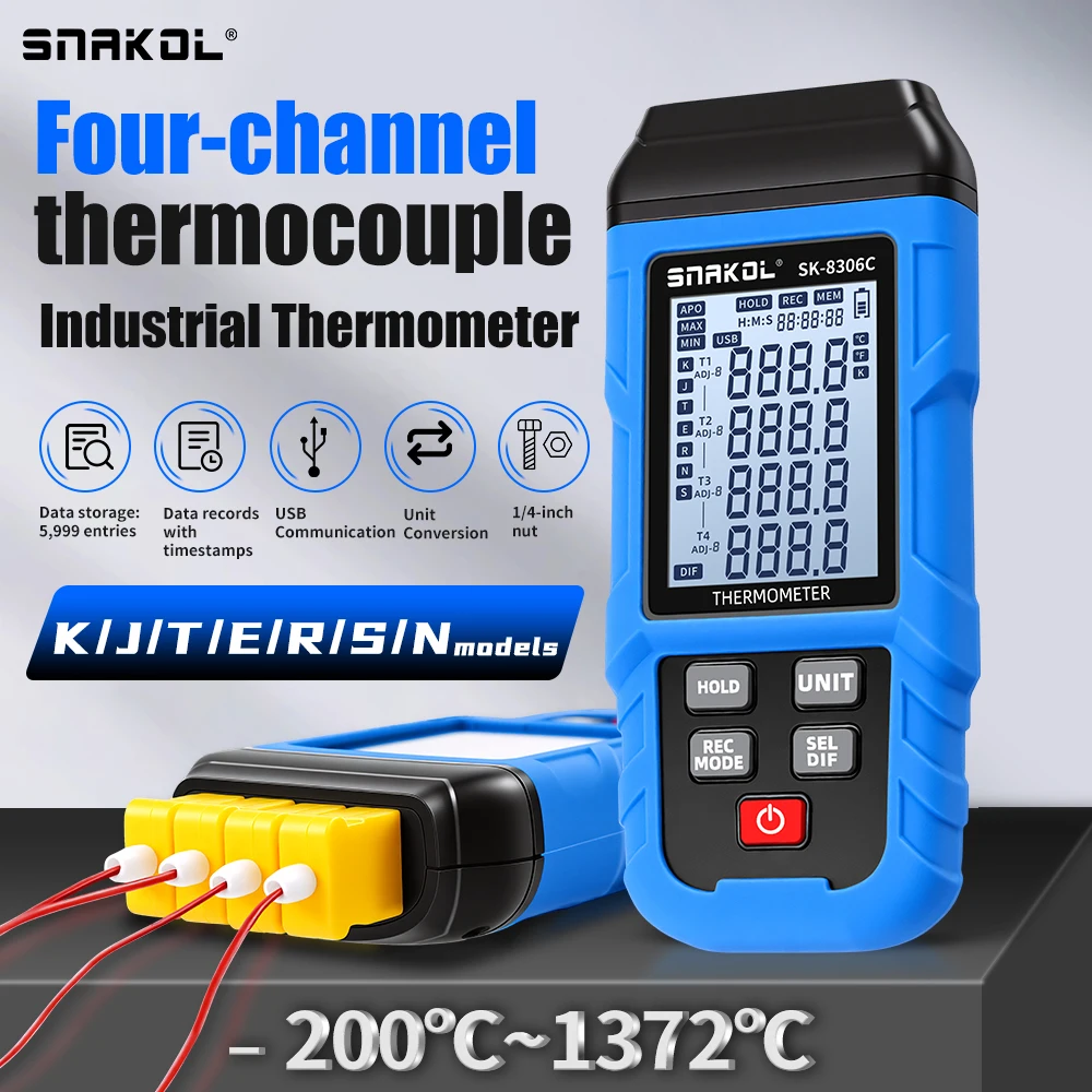 

SNAKOL SK-8306A Digital Thermometer K/J Type Thermocouple Thermometer Temperature Meter Recorder with 2000mAh Battery Data Hold