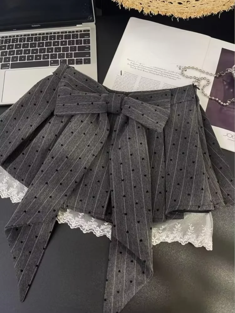 

2024 Summer Design Bow Gray Pleated Skirt Women Lace Patchwork Mini Skirt Fashion Lolita Style Striped Dot Print Cutecore Skirt